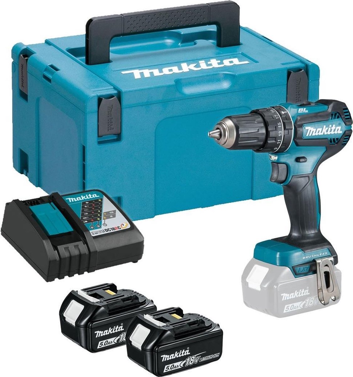 Makita DHP485RTJ 18V Brushless Combi Drill 5.0Ah Battery (2 pcs), Charger, Mbox-0