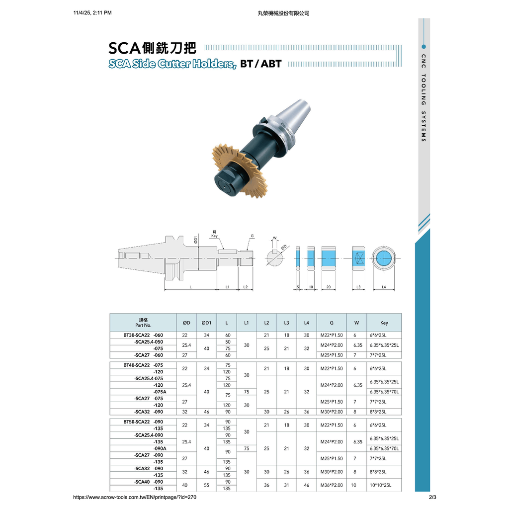 Acrow BT50-SCA25.4-090A – SCA Side Cutter Holder (Ø25.4 mm Bore, 90 mm Length, Extended Key Design)-1
