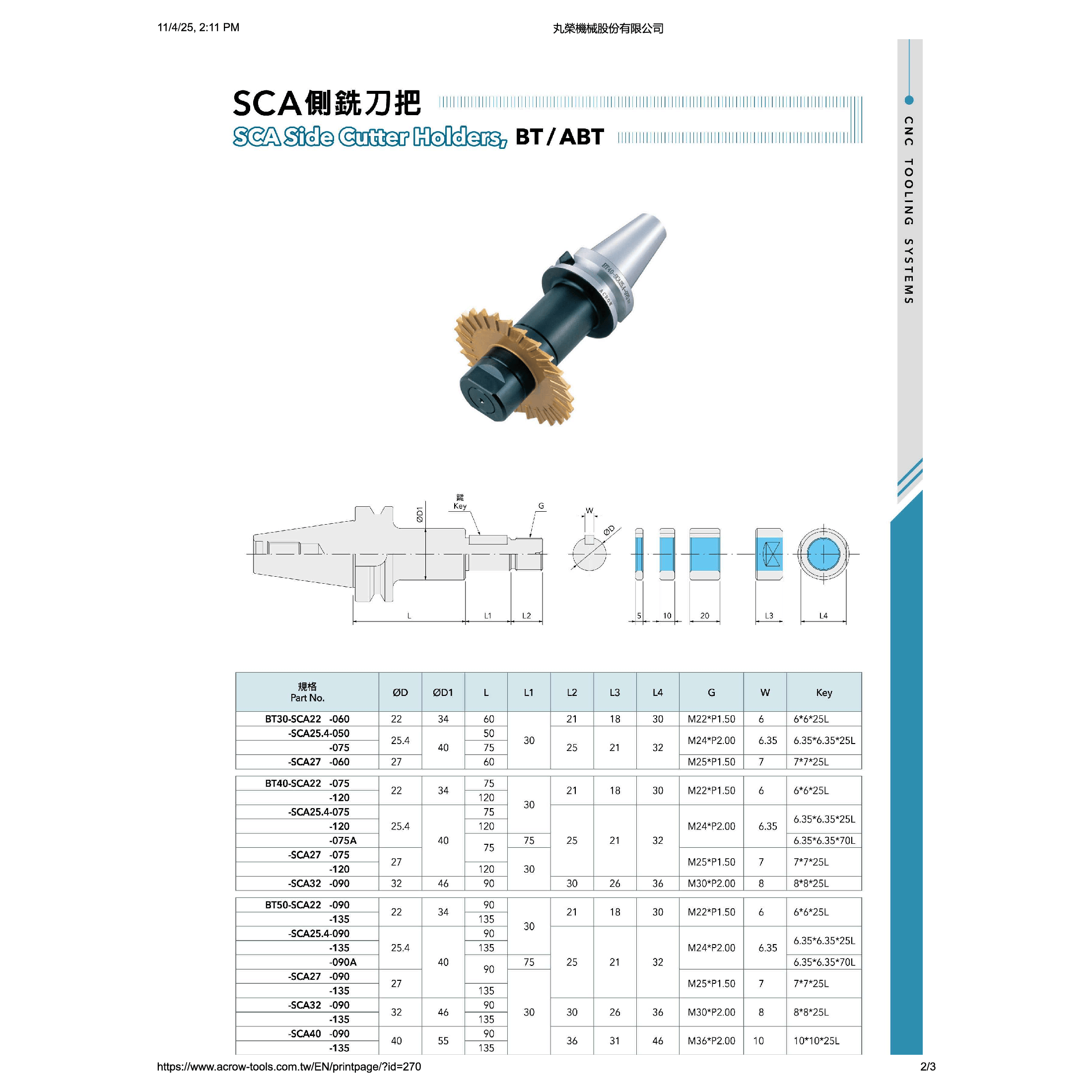 Acrow BT50-SCA25.4-090A – SCA Side Cutter Holder (Ø25.4 mm Bore, 90 mm Length, Extended Key Design)-1