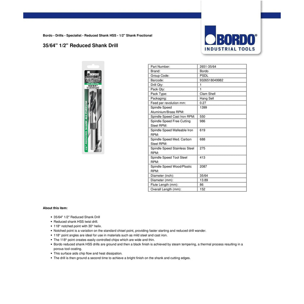 Bordo 35/64" HSS Reduced Shank Drill-4
