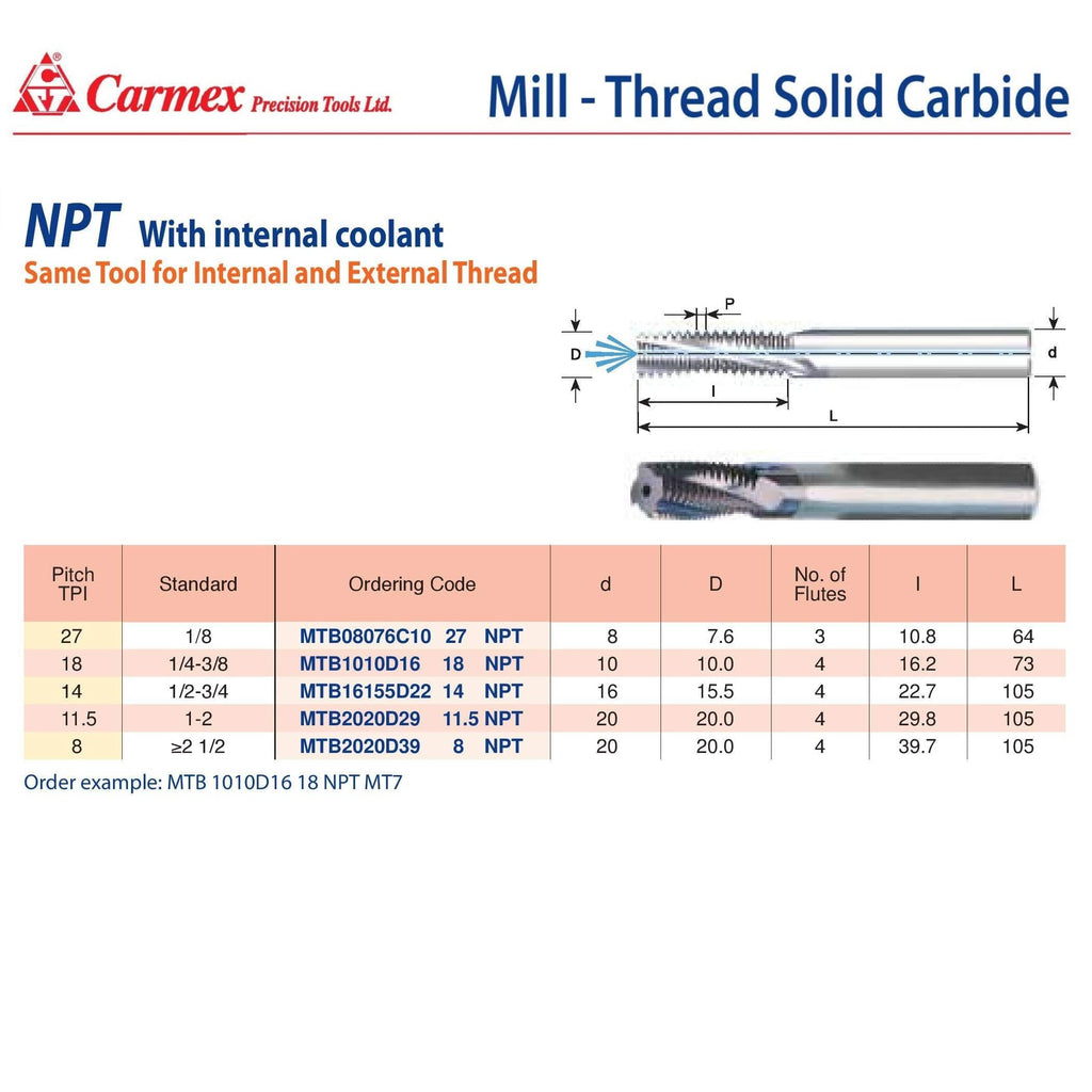 Carmex Mill Thread Solid Carbide 18 NPT with internal coolant bore 16.2mm depth-1