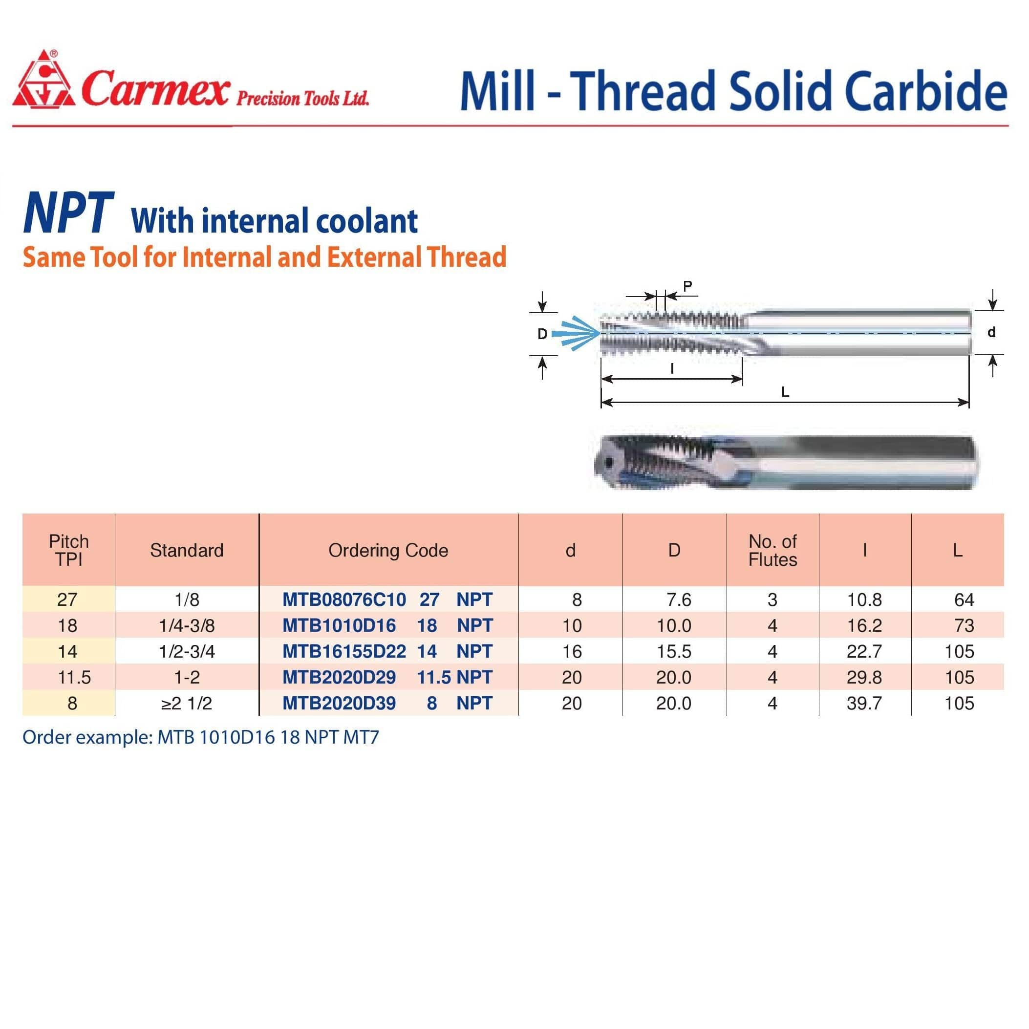 Carmex Mill Thread Solid Carbide 18 NPT with internal coolant bore 16.2mm depth-1