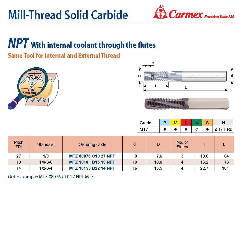 Carmex Mill Thread Solid Carbide 18 NPT with internal coolant through flutes 16.2mm depth-1