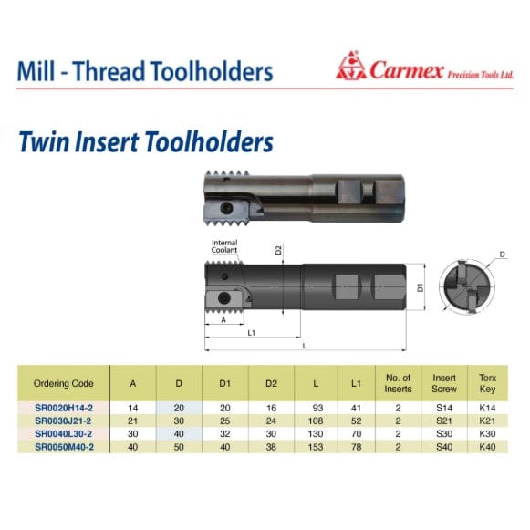 Carmex Threadmill Twin Insert Toolholder 30mm Cut. SR0030J21-2-1
