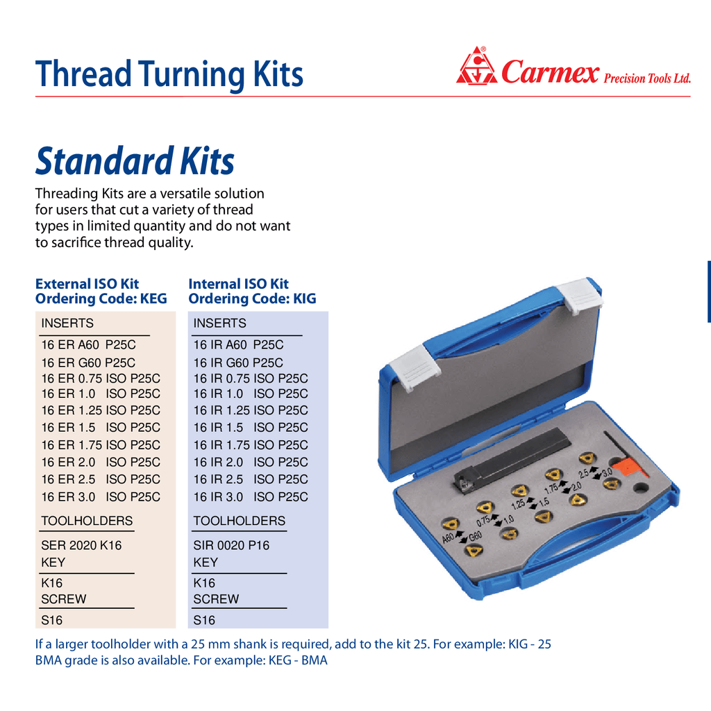 Carmex External Right Hand ISO Metric Thread Turning Insert 16 mm / 2.0 mm Pitch / 16 ER 2.0 ISO P25C-4
