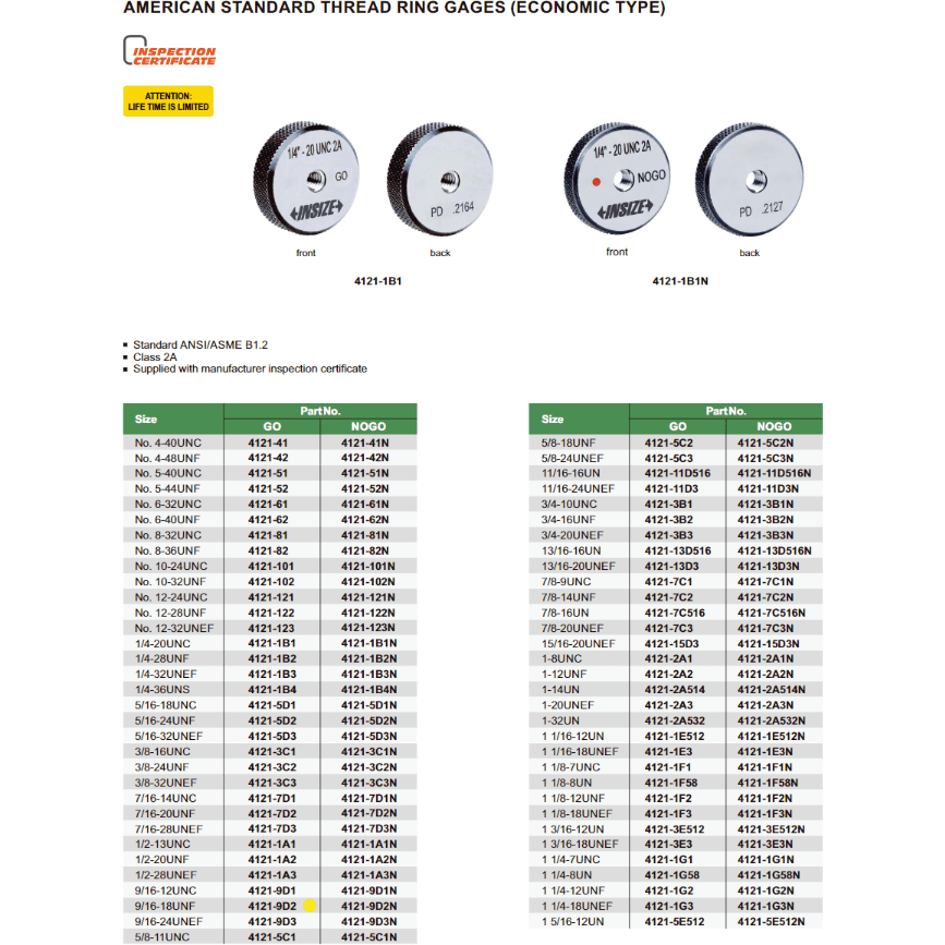 Insize Thread GO Ring Gauge 9/16"-18 UNF Series 4121-9D2-3