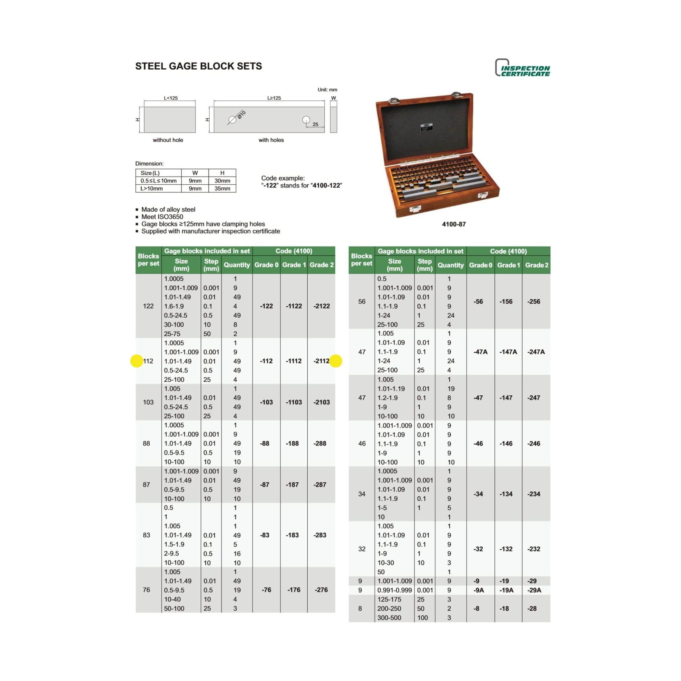 Insize 112 Piece Steel Gauge Block Set Series 4100-2112 Grade 2-2