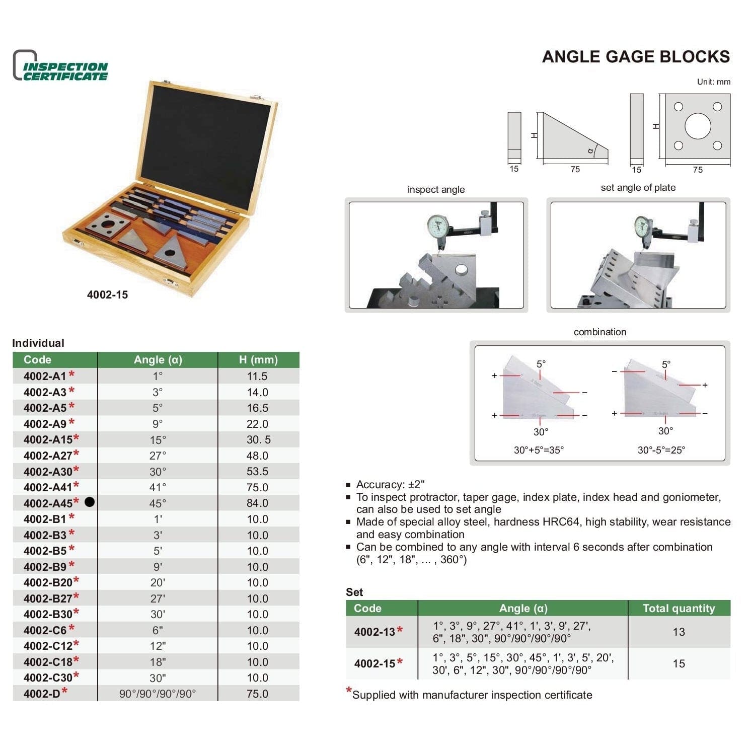 Insize 45° Angle Gauge Blocks 84mm Range Series 4002-A45-3