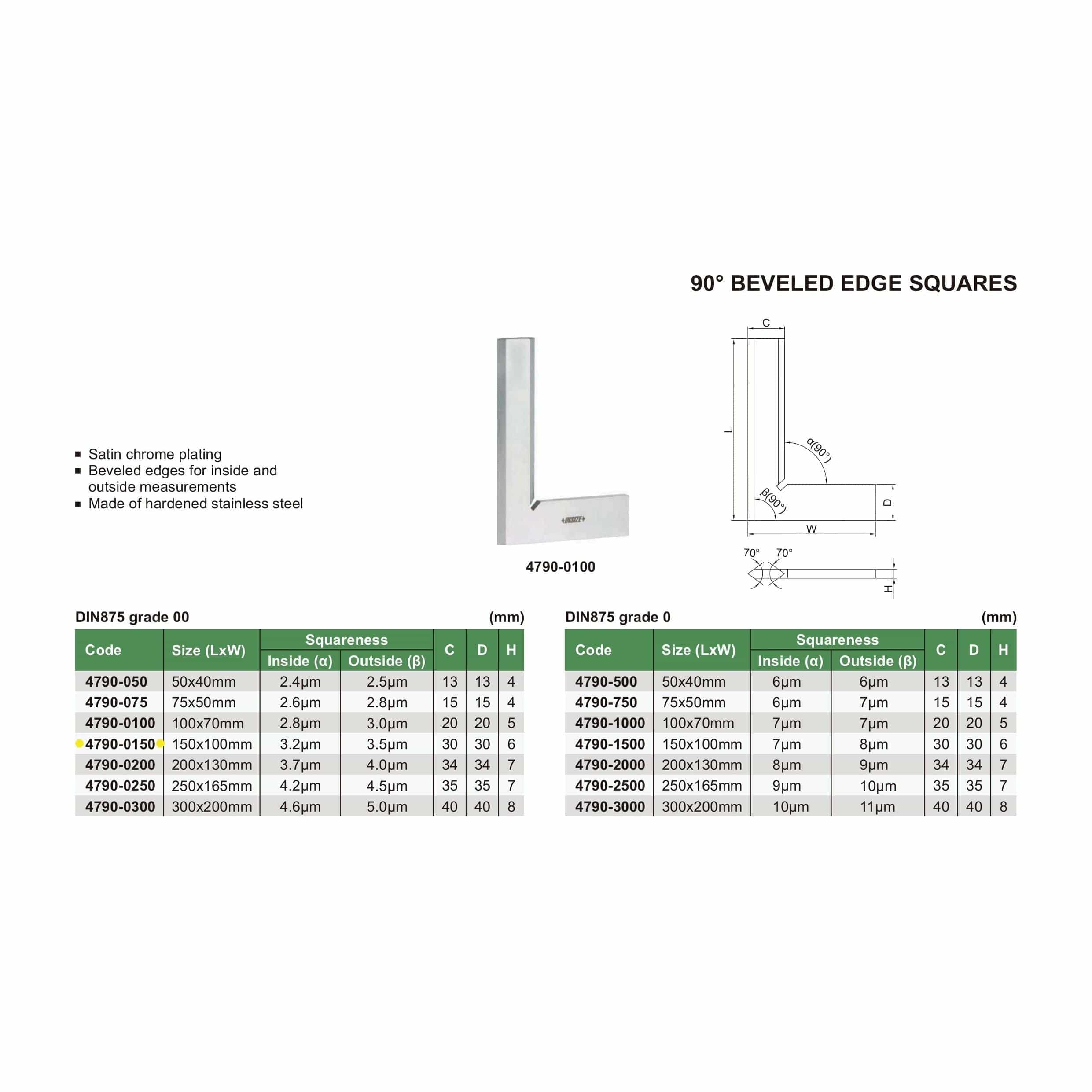 Insize 90° Bevelled Edge Square 150x100mm Range Series 4790-0150-2