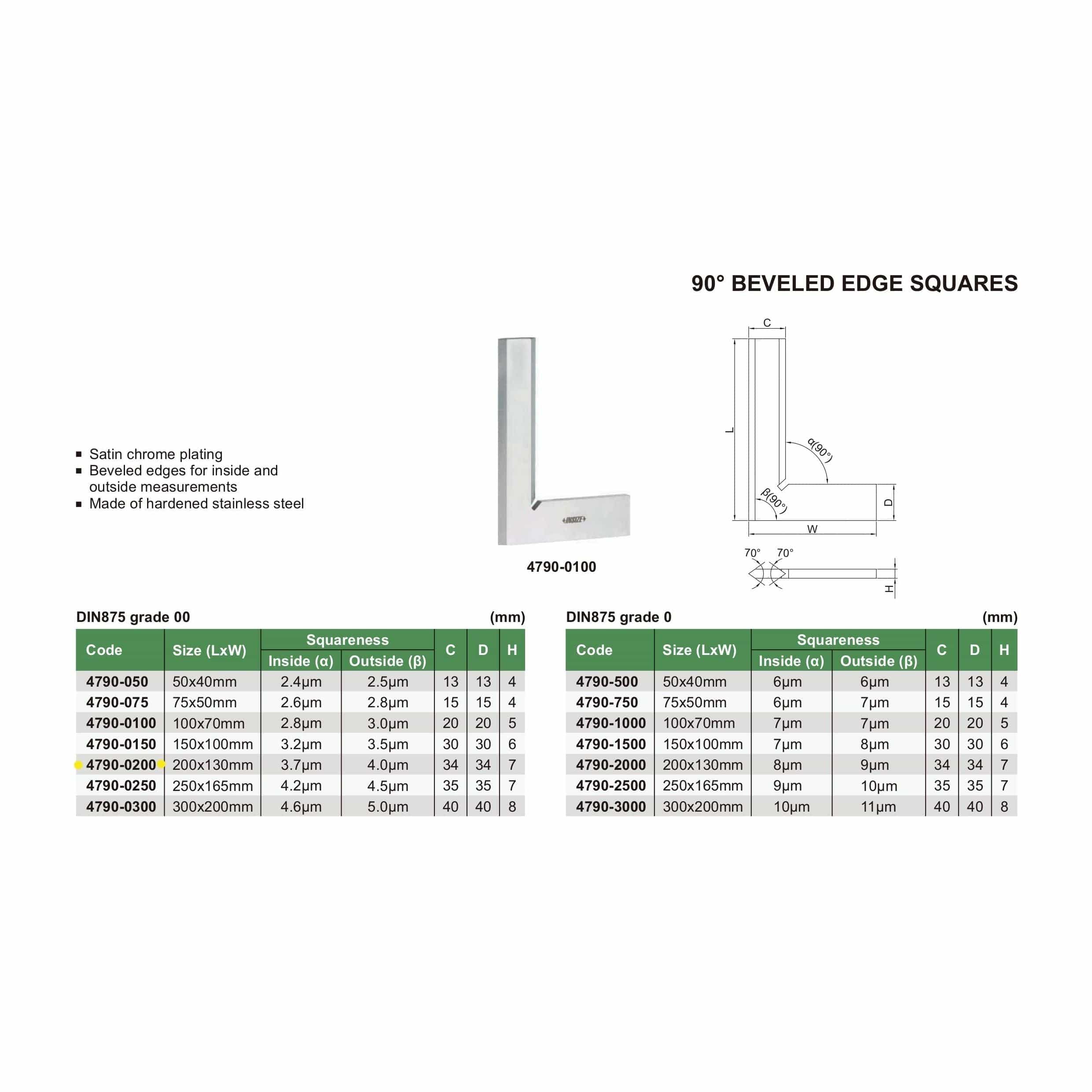 Insize 90° Bevelled Edge Square 200x130mm Range Series 4790-0200-2