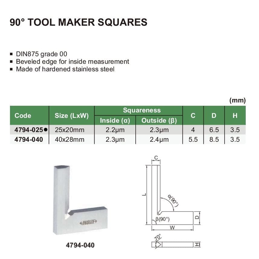 Insize 90° Toolmakers Square 25x20mm Range Series 4794-025-4
