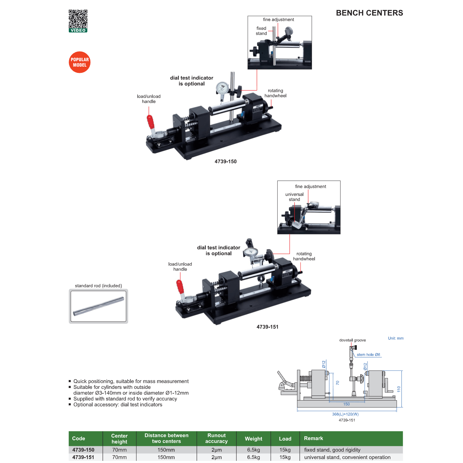 Insize Bench Centers 150mm Distance High Precision Series 4739-150-1