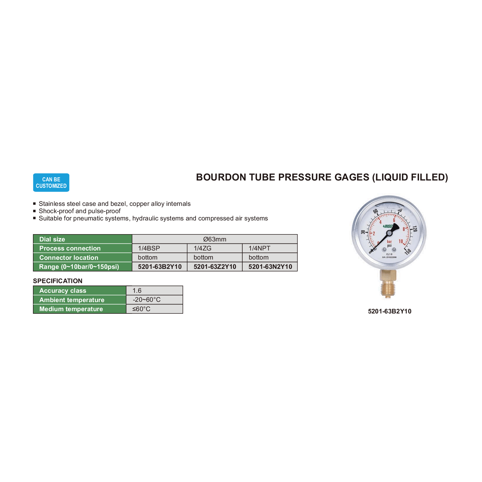 Insize Bourdon Tube Pressure Gauge 1/4BSP 0–10 Bar Series 5201-63B2Y10-1