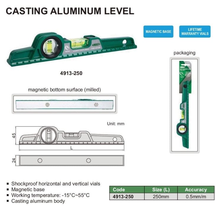 Insize Cast Aluminum Level 250mm Range Series 4913-250-1