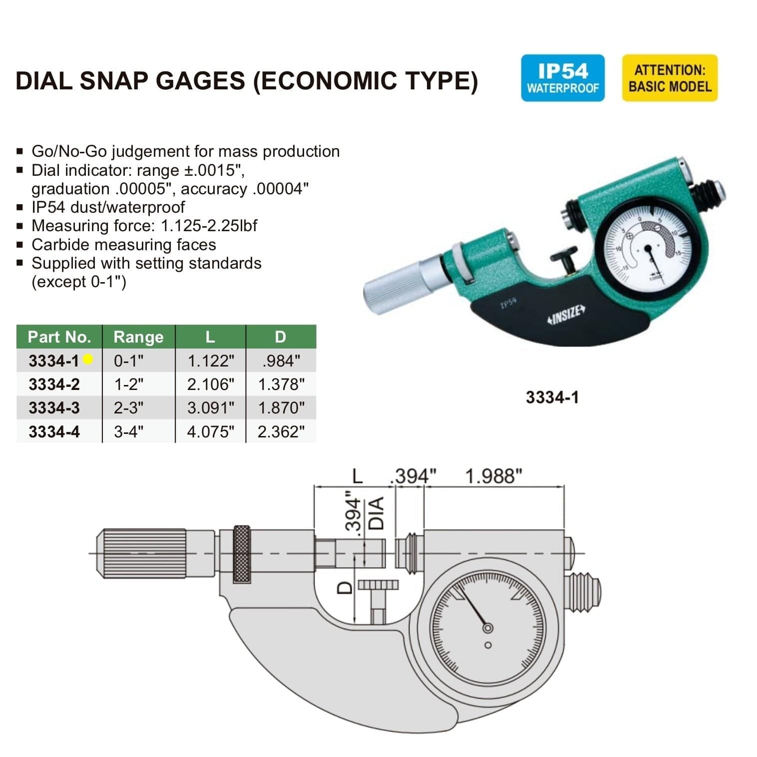 Insize Dial Snap Gauge 0-1" Range Series 3334-1-4