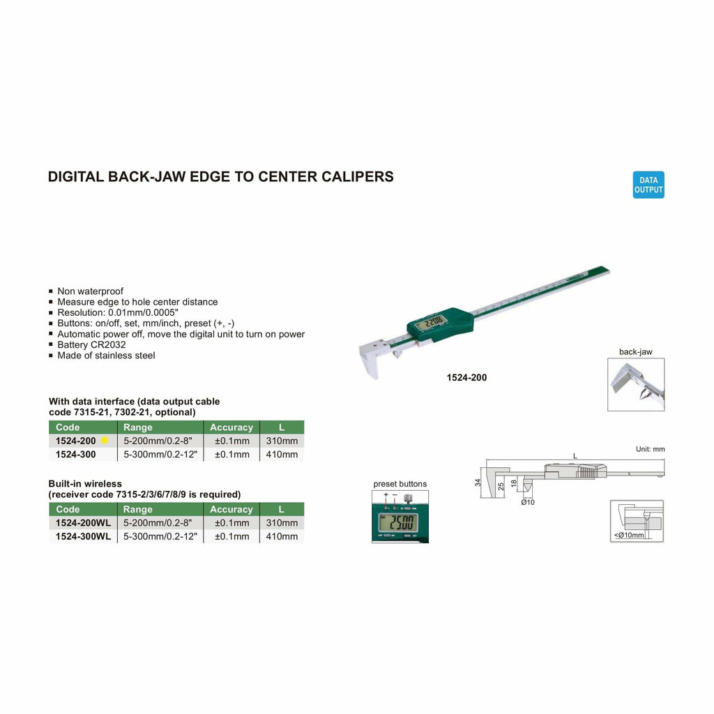 Insize Digital Back-Jaw Edge to Center Caliper Range Series 1524-200-4