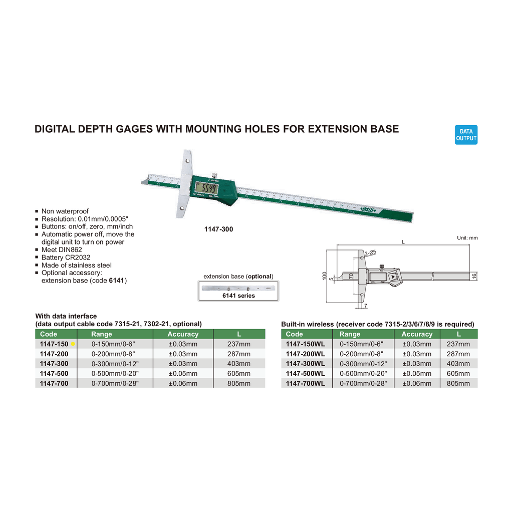 Insize Digital Depth Gauge 0-150mm / 0-6" Range Series 1147-150-4