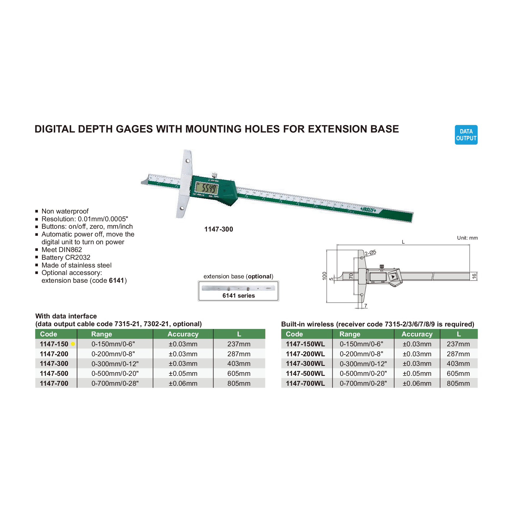 Insize Digital Depth Gauge 0-150mm / 0-6" Range Series 1147-150-4