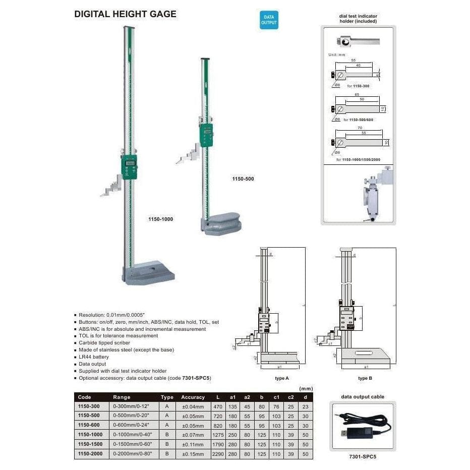 Insize Digital Height Gauge  0-500mm / 0-20" Range Series 1150-500-2