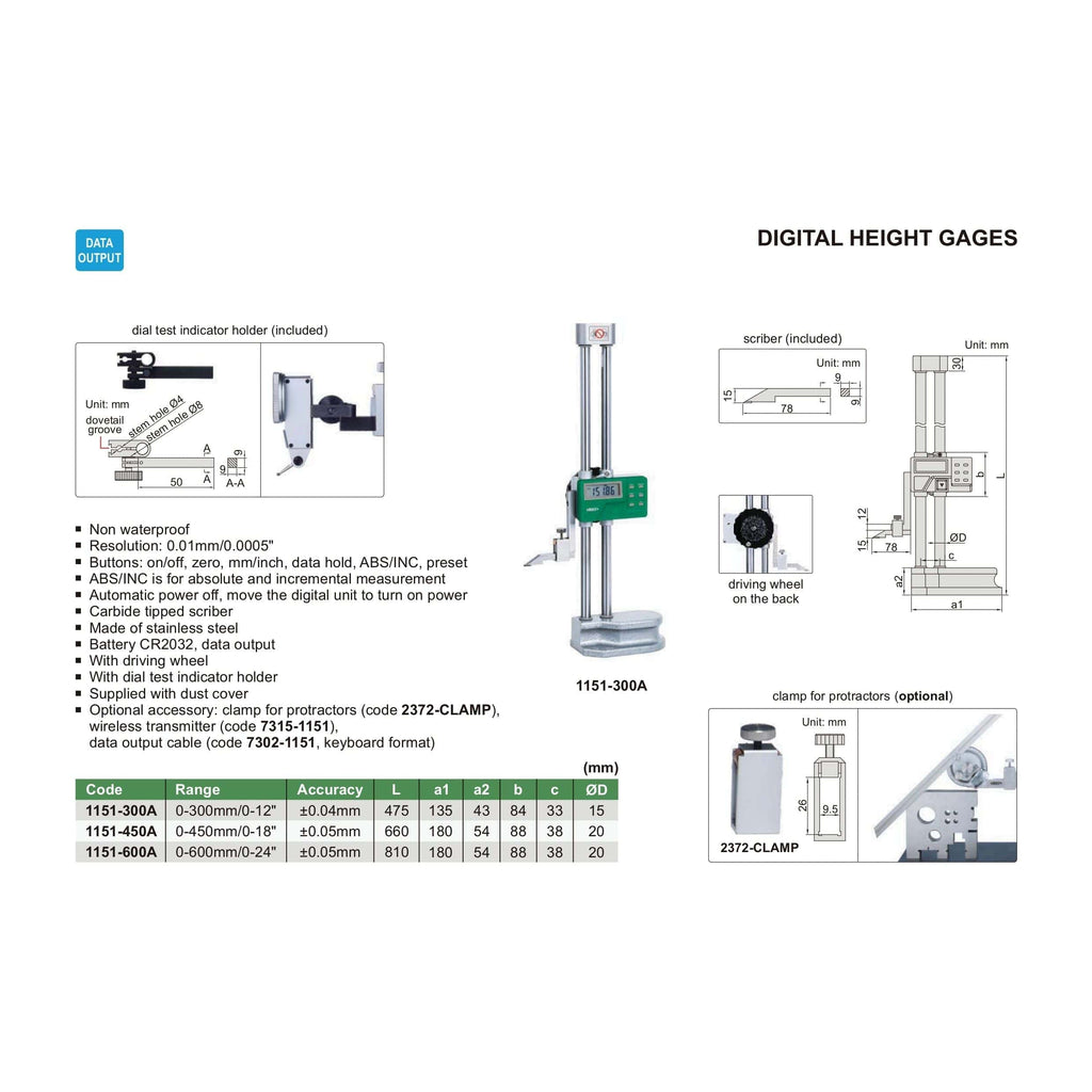 Insize Digital Height Gauge  0-450mm / 0-18" Range Series 1151-450-4