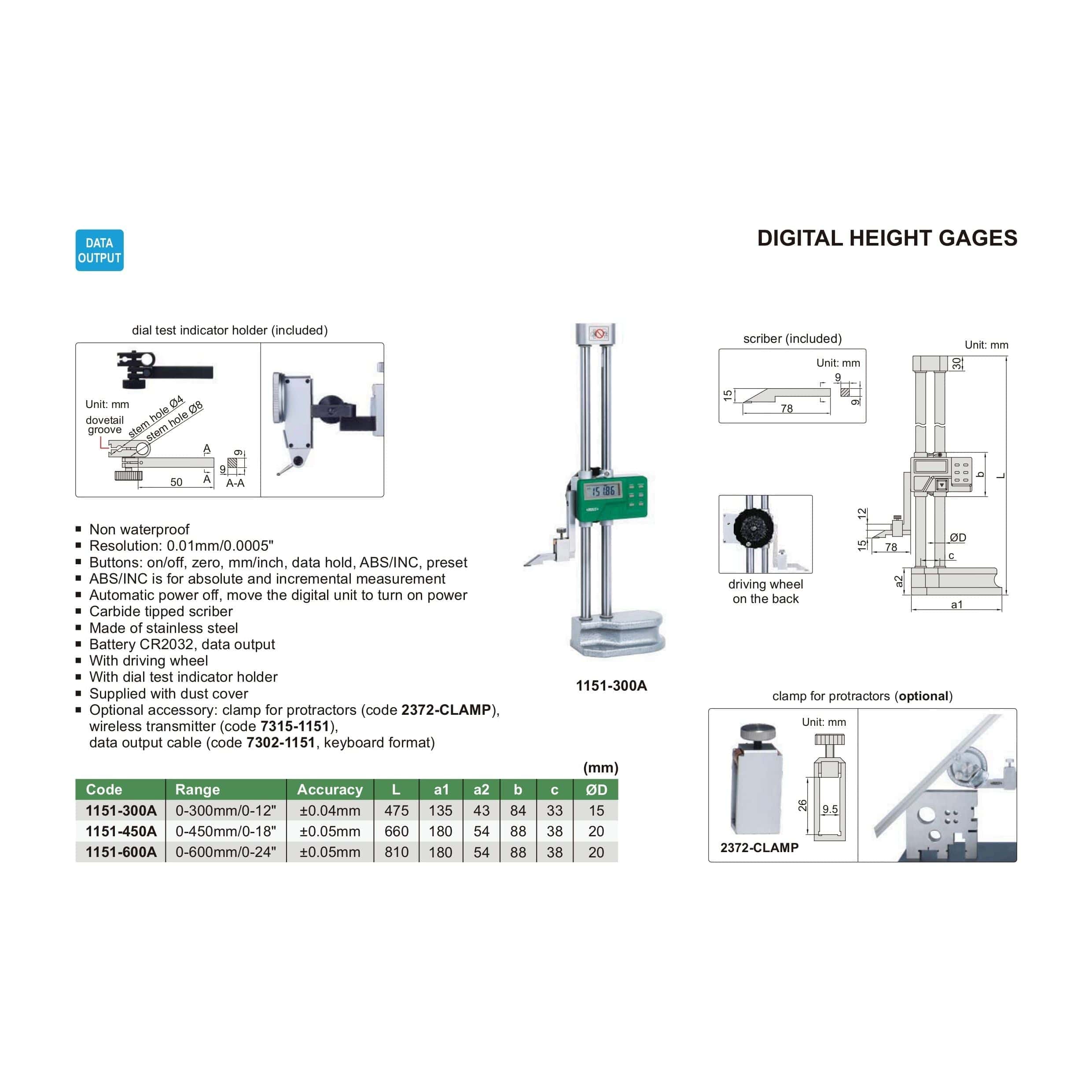 Insize Digital Height Gauge  0-450mm / 0-18" Range Series 1151-450-4