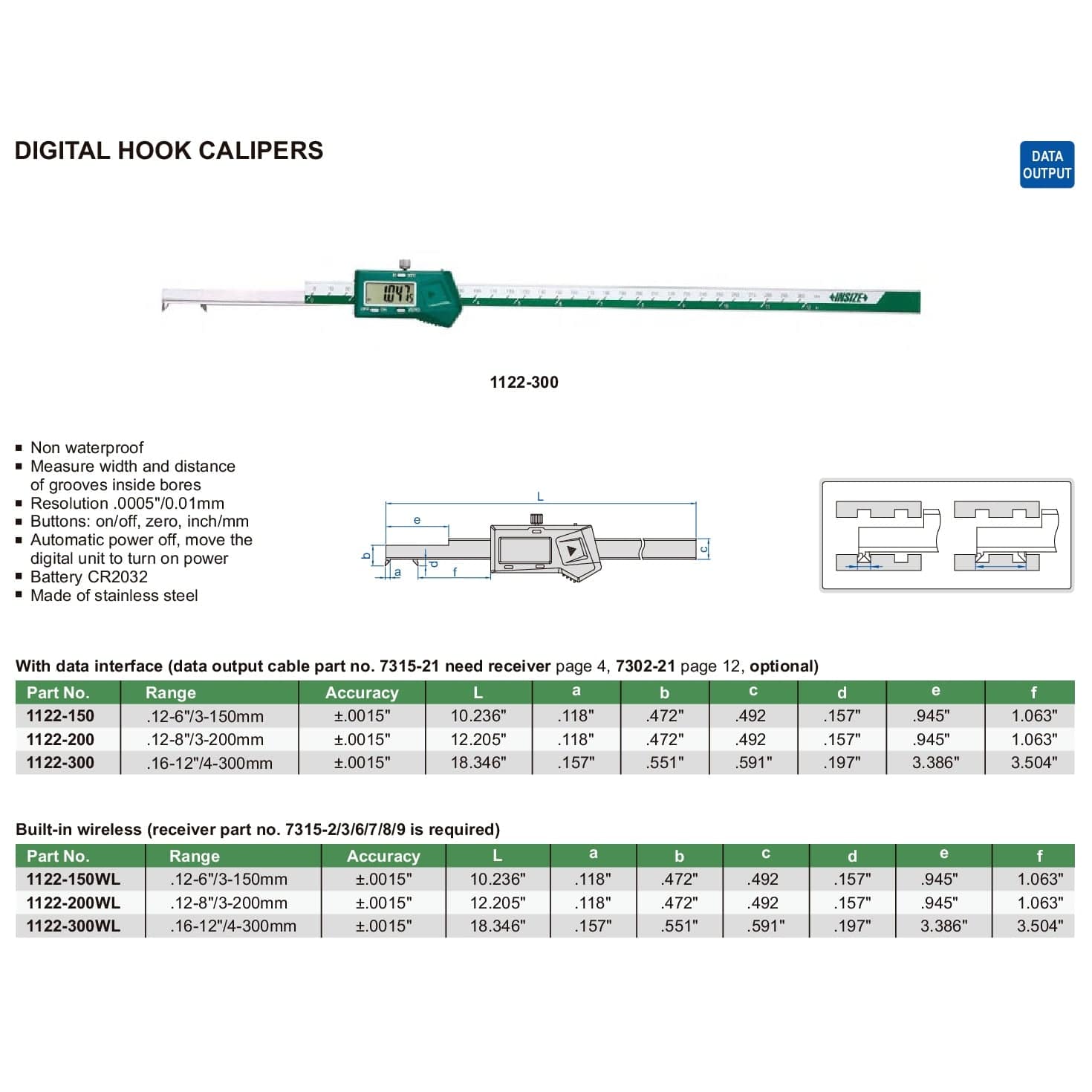 Insize Digital Hook Caliper 0.16-12" / 4-300mm Range Series 1122-300-1