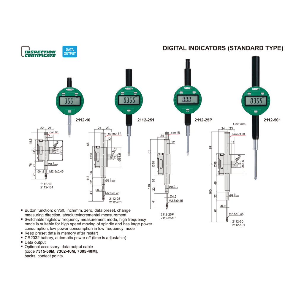 Insize Digital Indicator 50.8mm/2" Range Series 2112-50-4