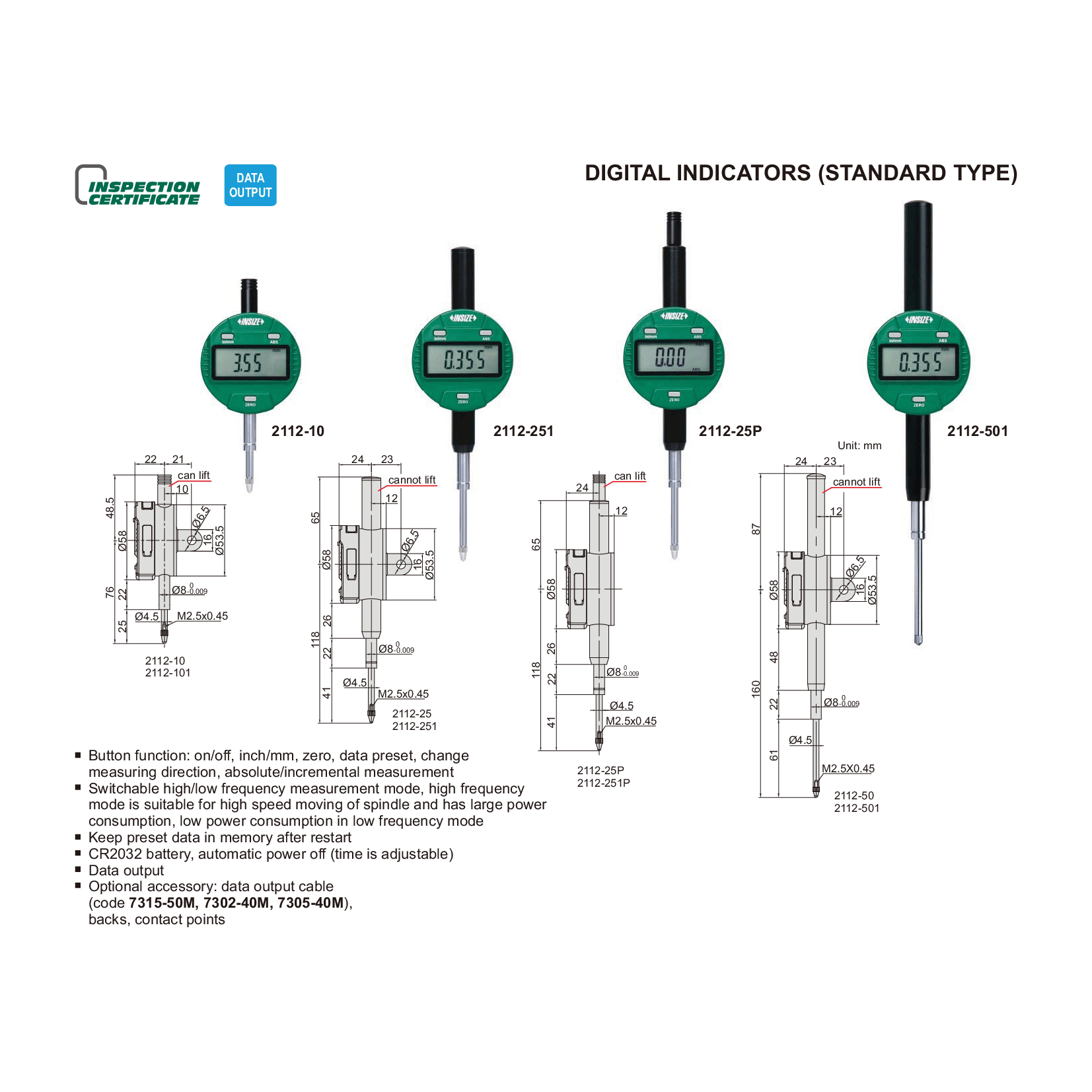 Insize Digital Indicator 50.8mm/2" Range Series 2112-50-4