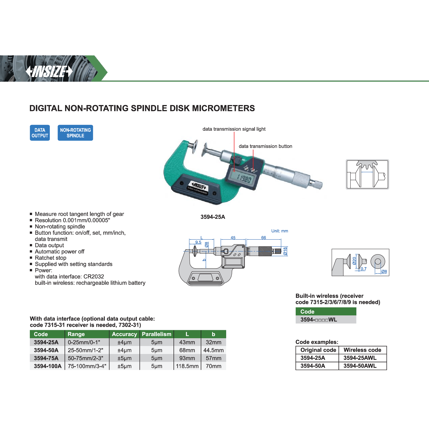 Insize Digital Non-Rotating Spindle Disk Micrometer 25–50 mm / 1–2" Series 3594-50A-1