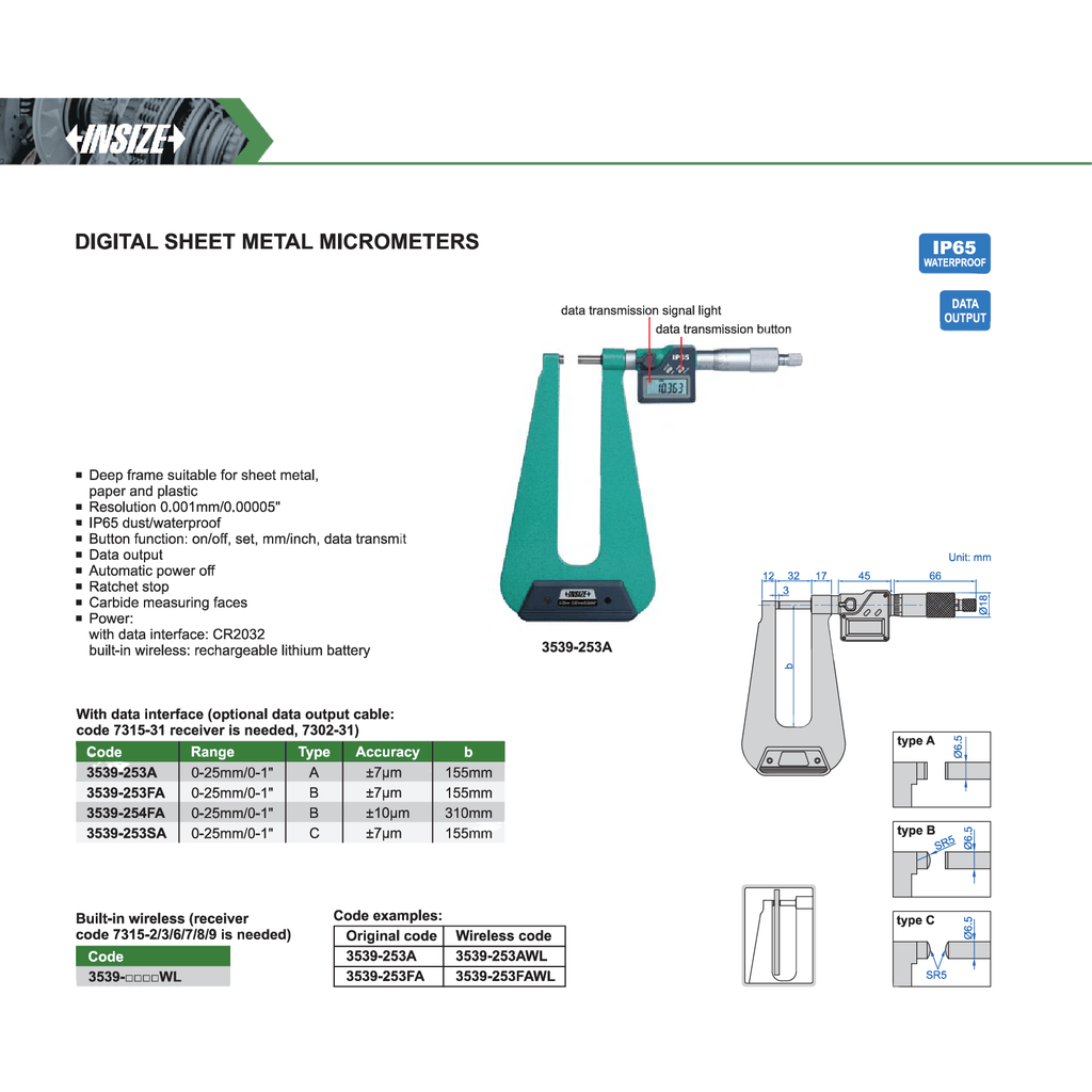 Insize Digital Sheet Metal Micrometer 0–25 mm / 0–1" Series 3539-254FA-1