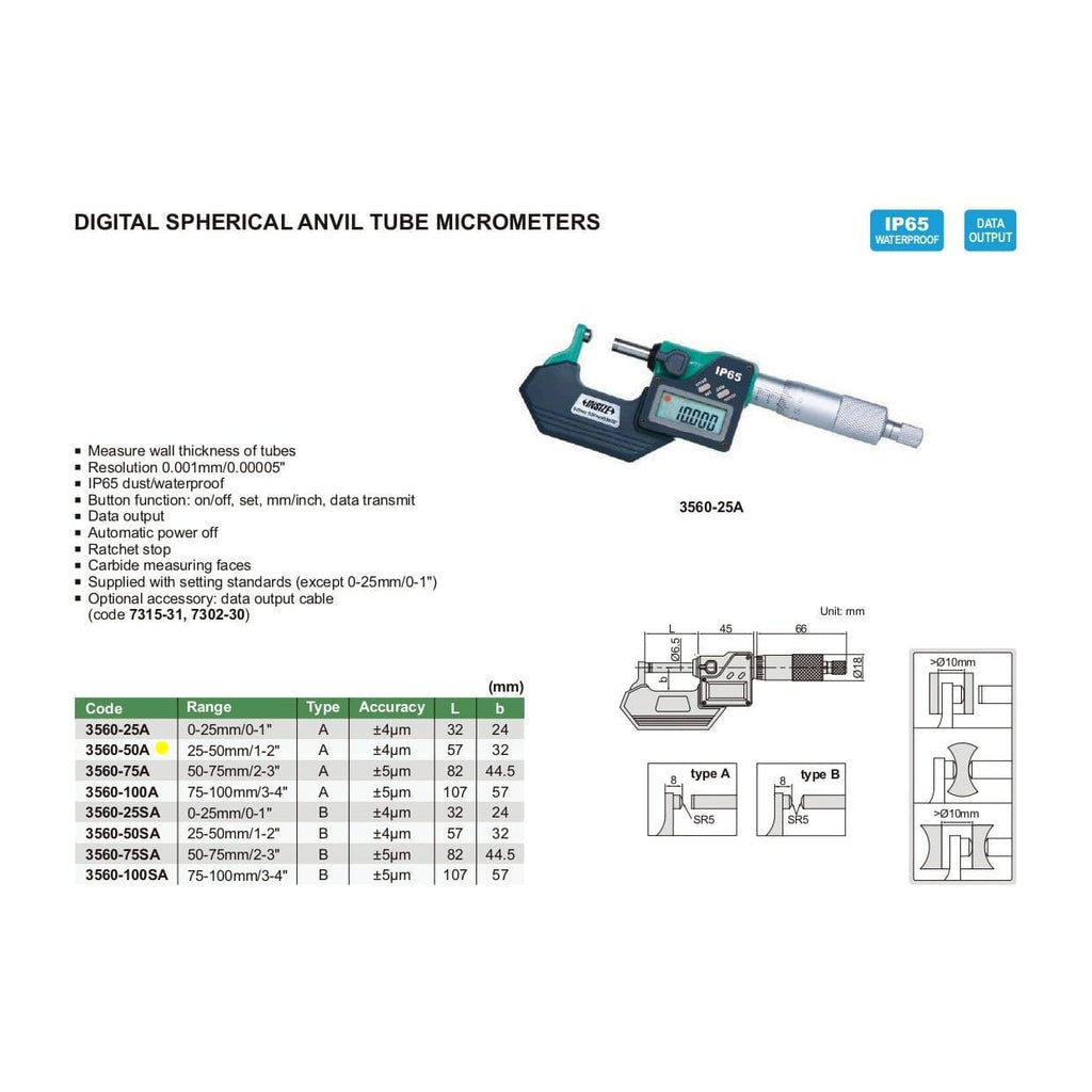 Insize Digital Spherical Anvil Tube Micrometer 25-50mm/1-2" Range Series 3560-50A-3