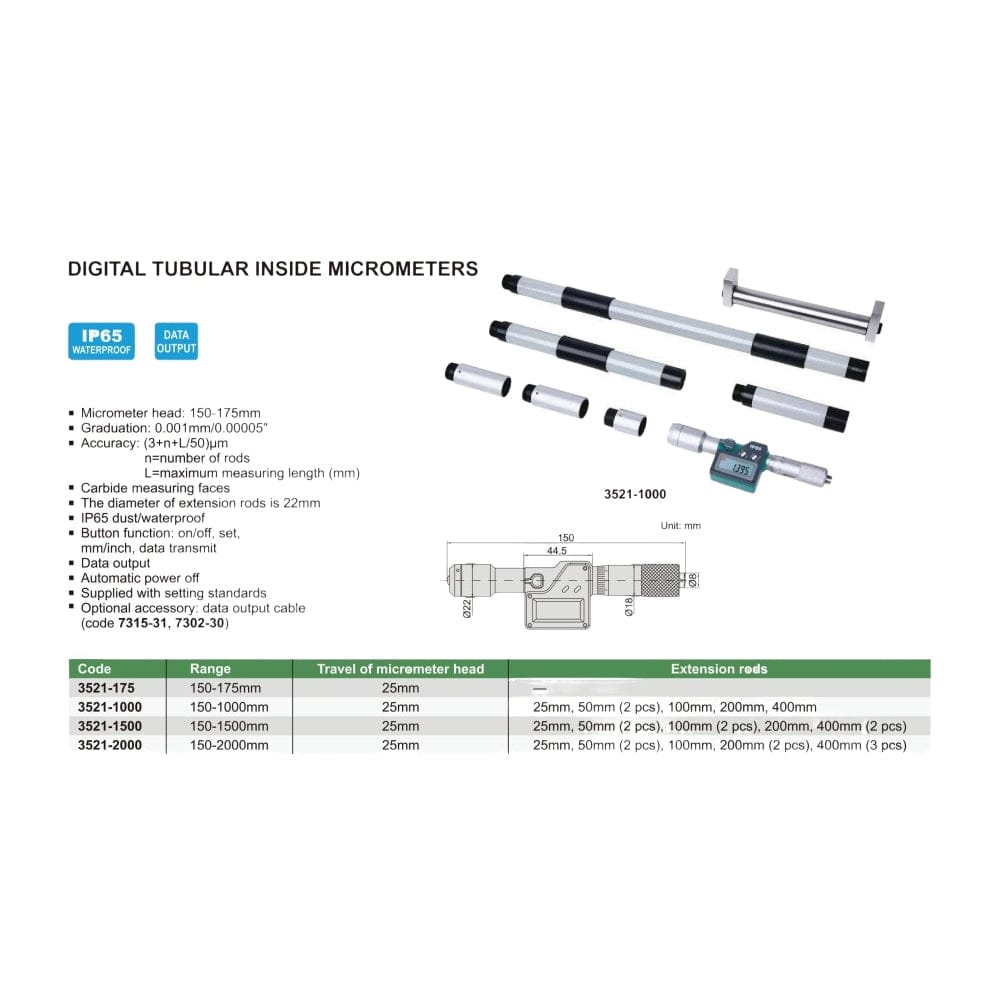 Insize Digital Tubular Inside Micrometer 150–1000 mm Range Series 3521-1000-1