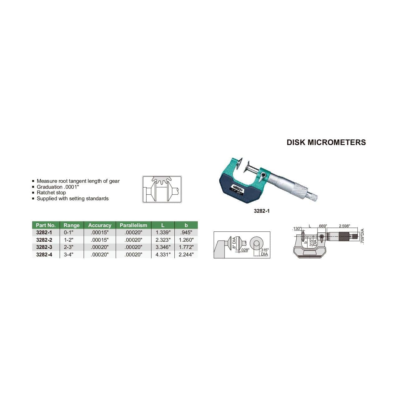 Insize Disc Micrometer 0-1" Range Series 3282-1-4