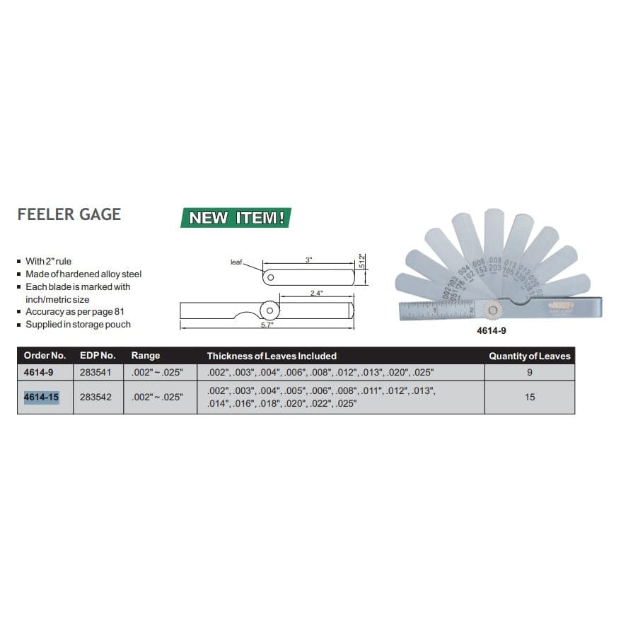 FEELER GAUGE SET - INSIZE 4614-15 0.002-0.025"-3