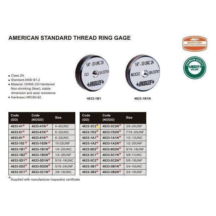 Insize GO Thread Ring Gauge 3/8"-24 UNF Series - 4633-3C2-3