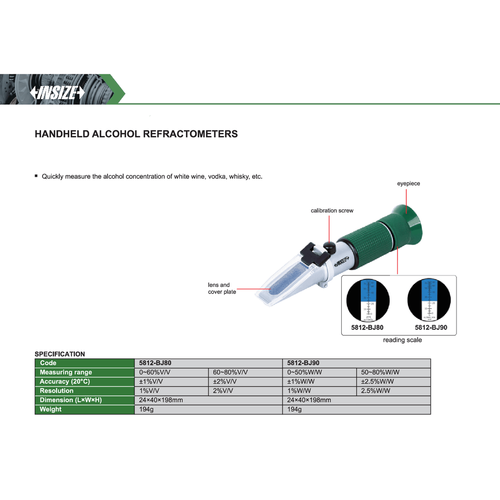 Insize Handheld Alcohol Refractometer 0–50%W/W & 50–80%W/W Series 5812-BJ90-1