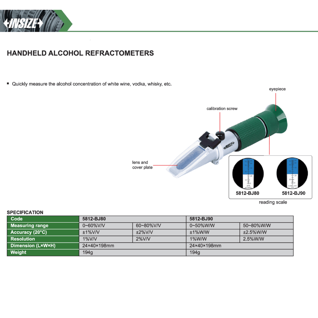 Insize Handheld Alcohol Refractometer 0–60%V/V & 60–80%V/V Series 5812-BJ80-1