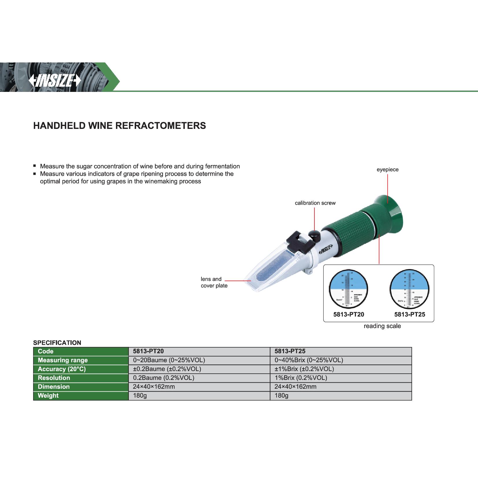 Insize Handheld Wine Refractometer 0–20Baume Series 5813-PT20-1