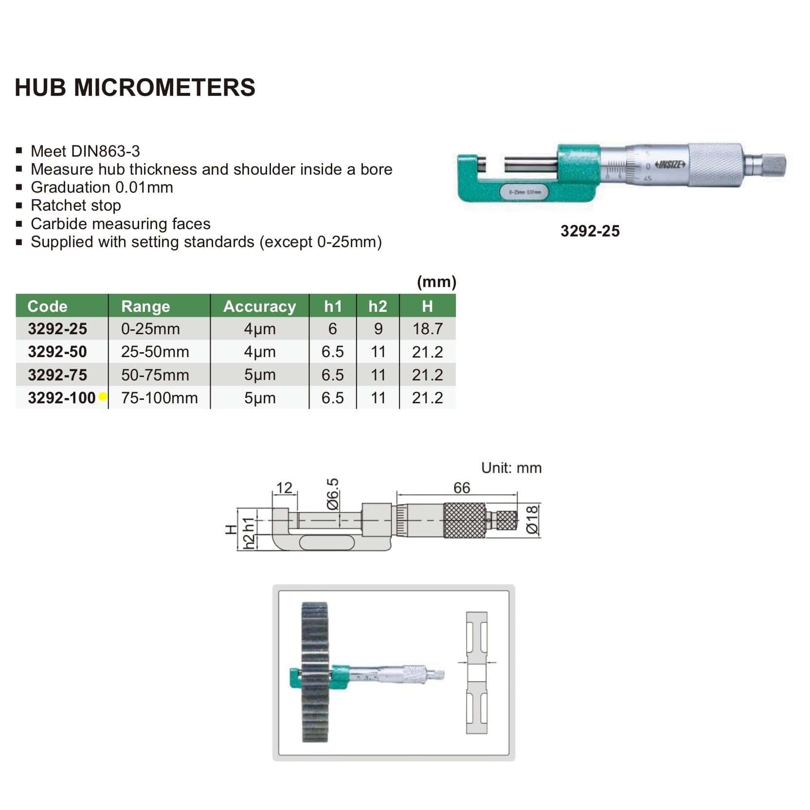 Insize Hub Micrometer 75-100mm Range Series 3292-100-4