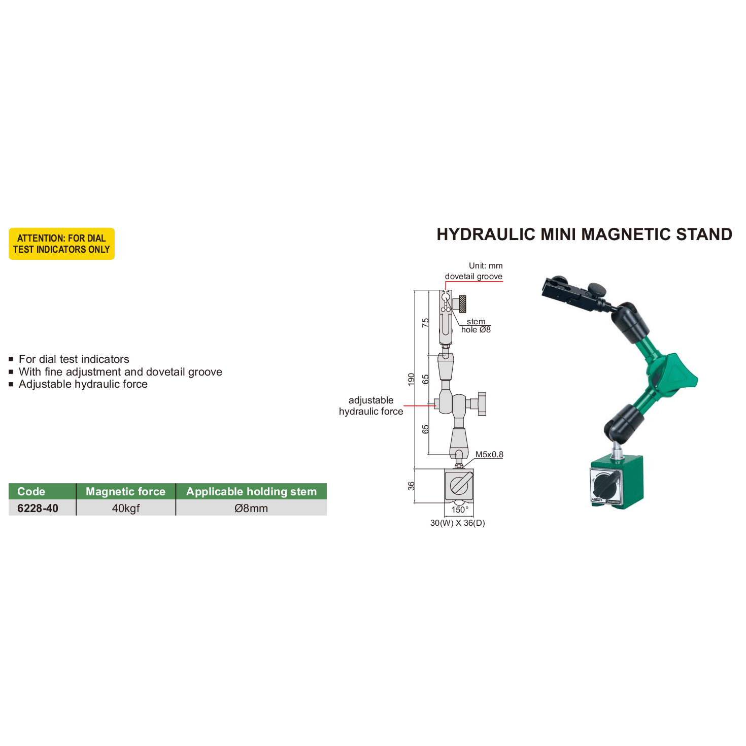 Insize Hydraulic Mini Magnetic Stand 40kgf  Series 6228-40-1