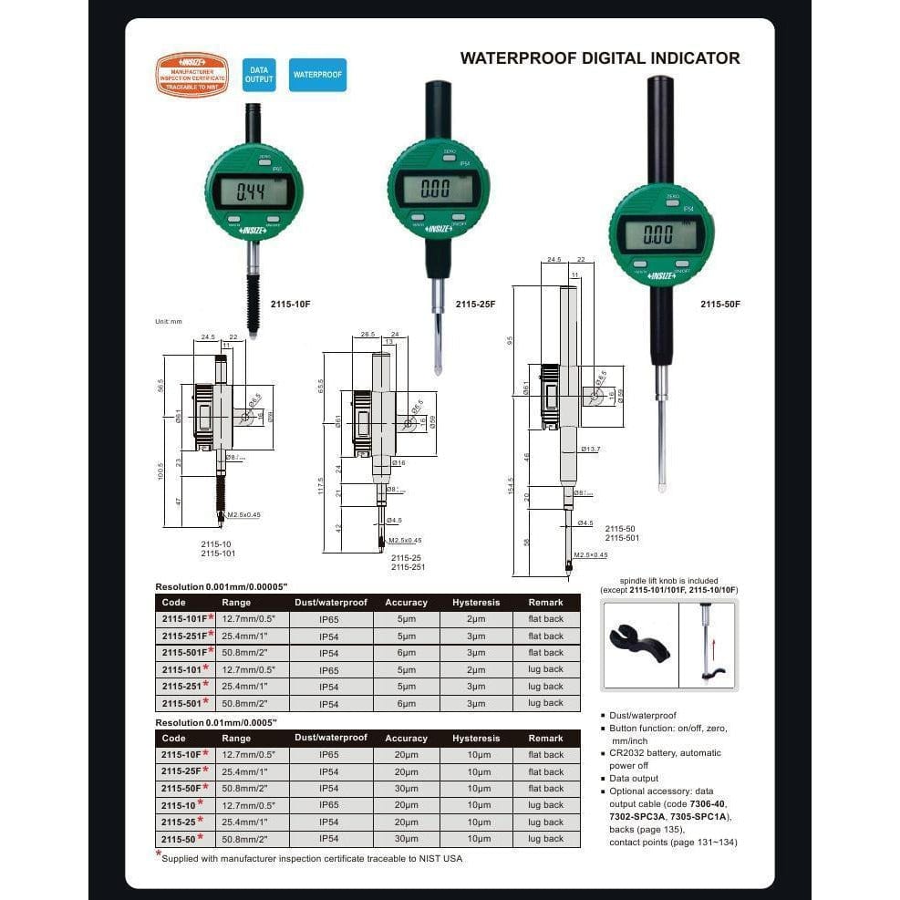 Insize IP54 Coolant Proof Digital Indicator 25.4mm / 1" Range Series 2115-25-2