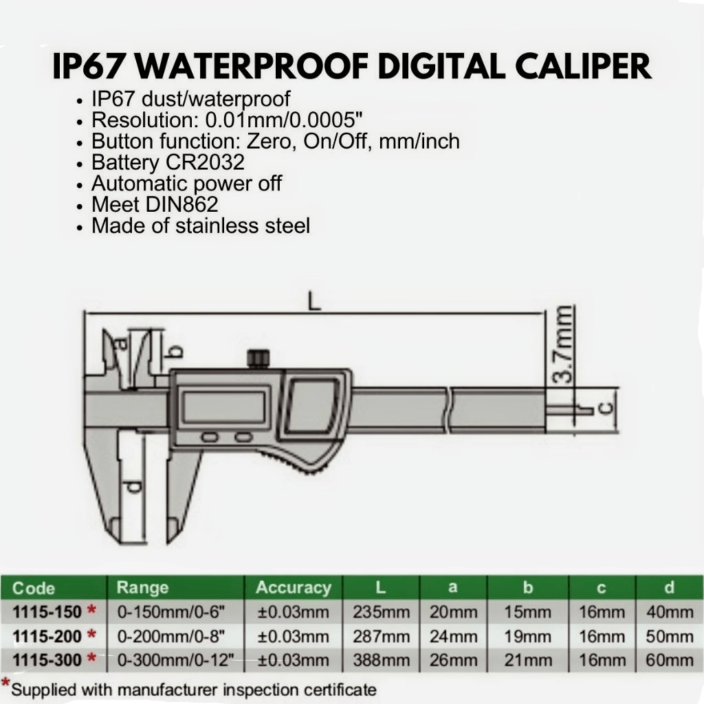 Insize IP67 Waterproof Digital Caliper 0–200 mm / 0–8″ Series 1115-200-1