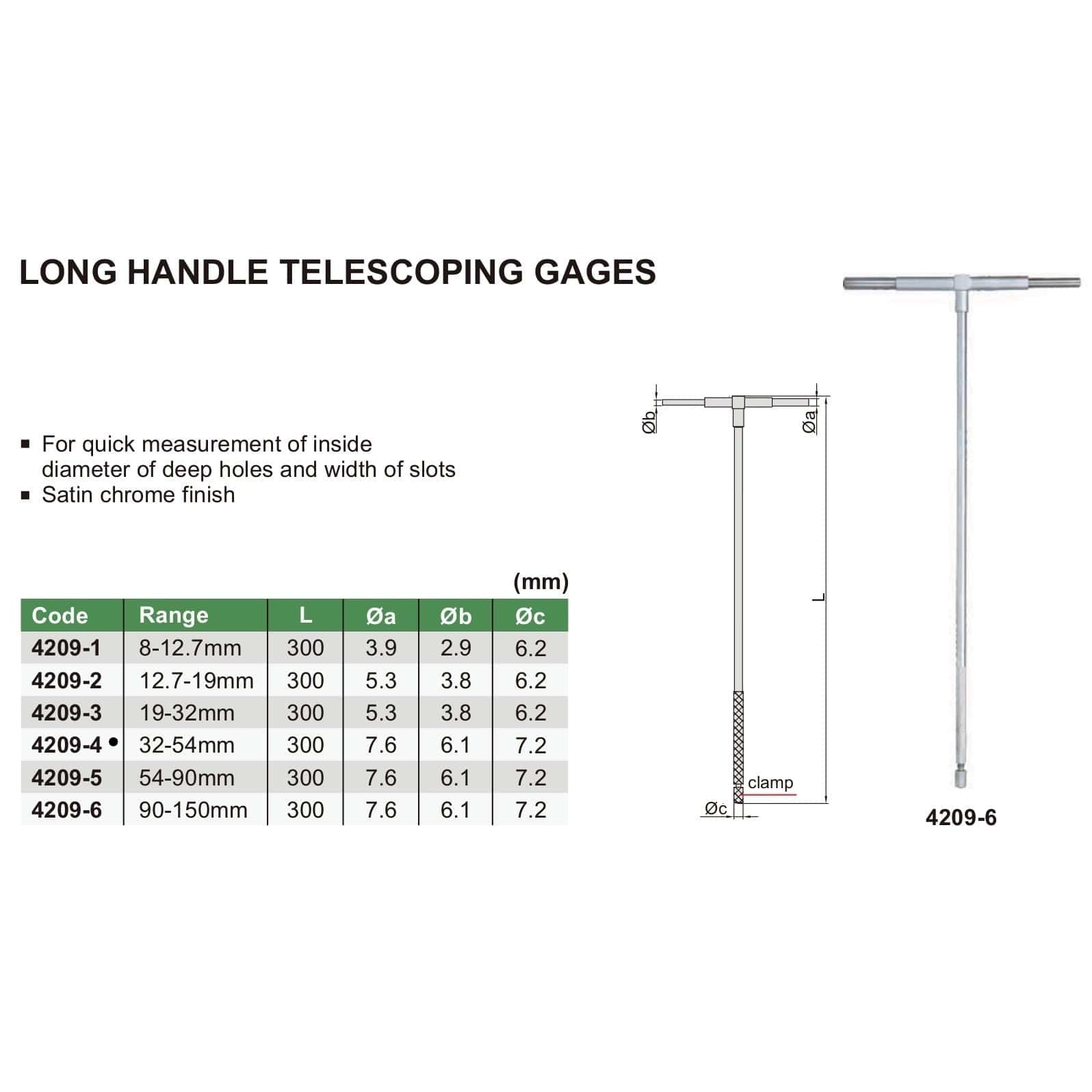 Insize Long Handle Telescopic Gauge 32-54mm Range Series 4209-4-2