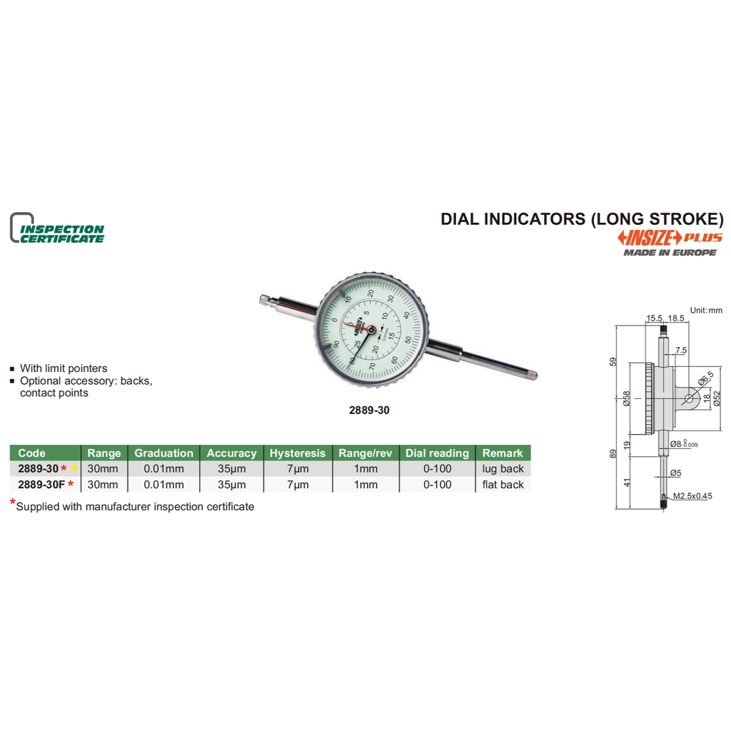 Insize Long Stroke Dial Indicator 30mm Range Series 2889-30-4