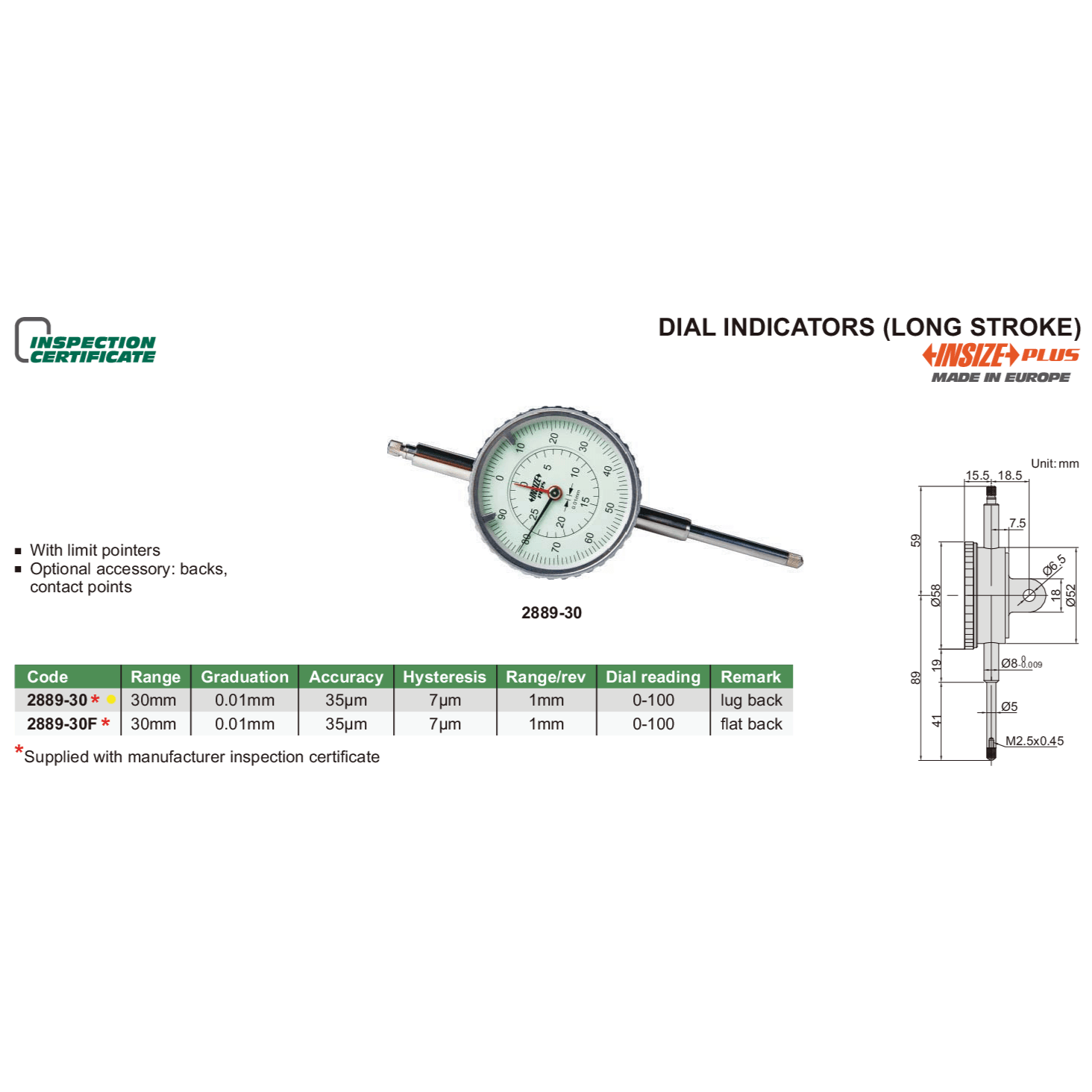 Insize Long Stroke Dial Indicator 30mm Range Series 2889-30-4
