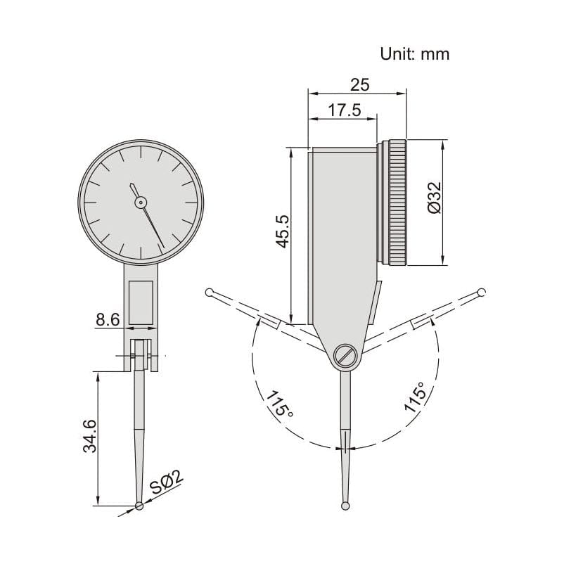 Insize Long Styli Dial Test Indicator 0.5mm Range Series 2896-05-4