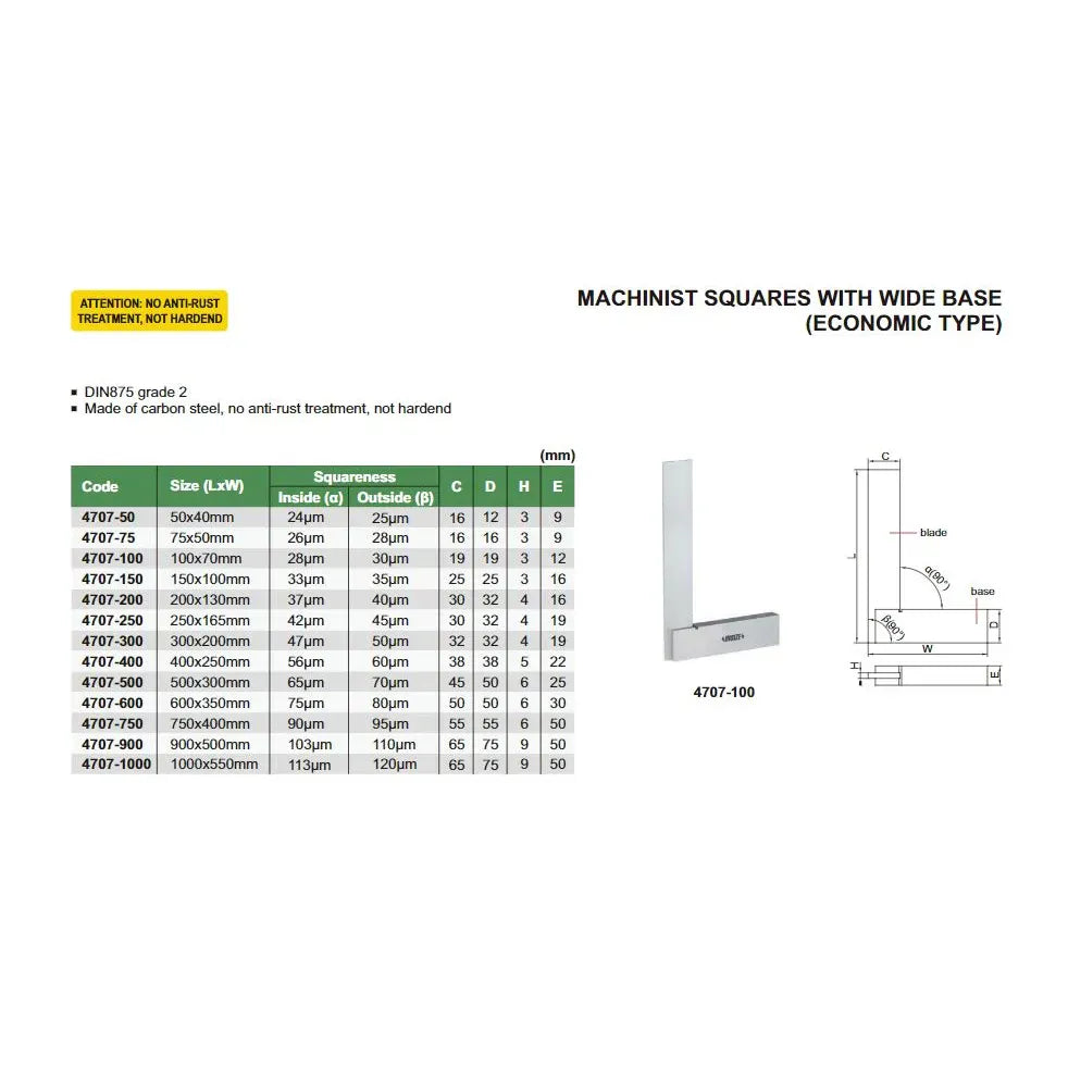 Insize Machinist Square with Wide Base 250 × 165mm Series 4707-250-3