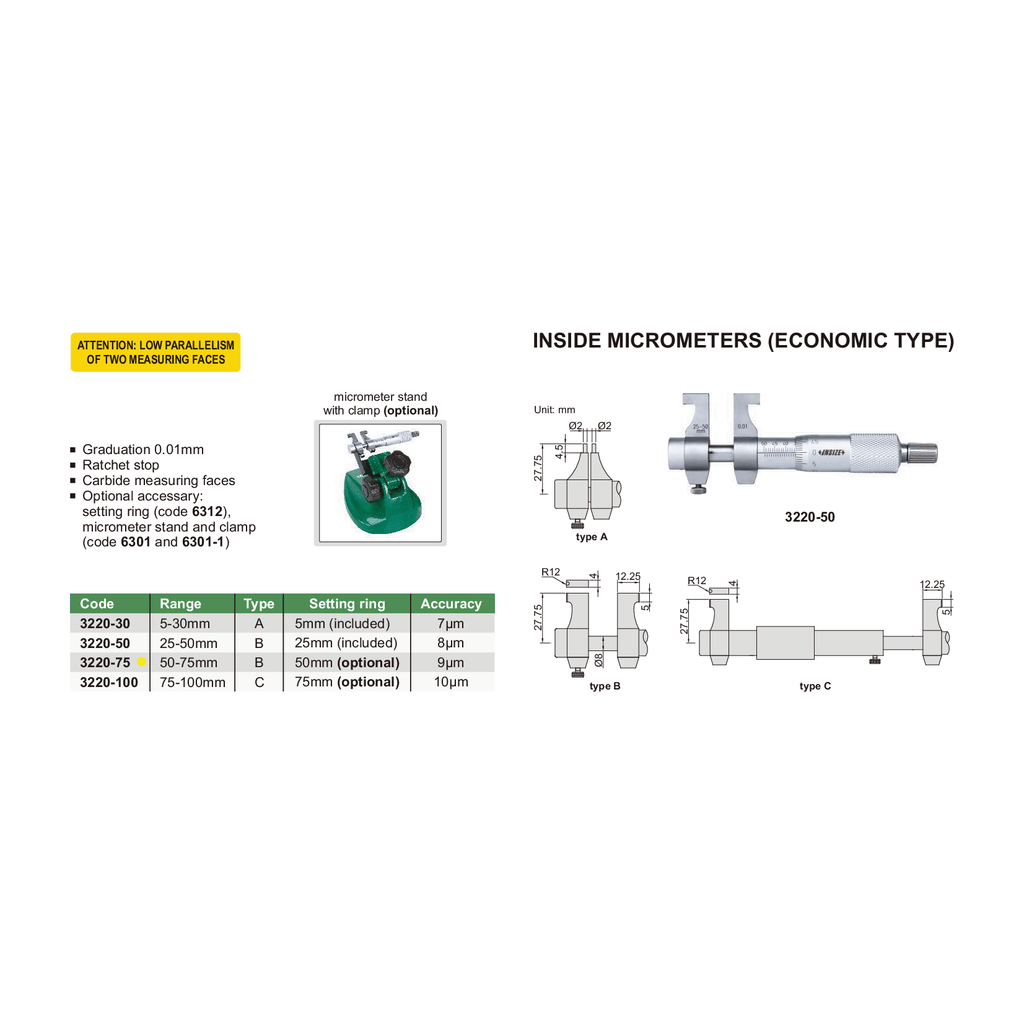 Insize Metric Inside Micrometer 50-75mm Range Series 3220-75-4