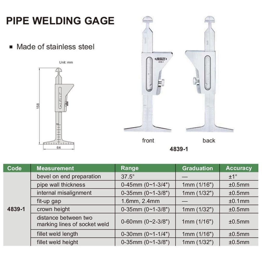 Insize Metric Pipe Welding Gauge Series 4839-1-3
