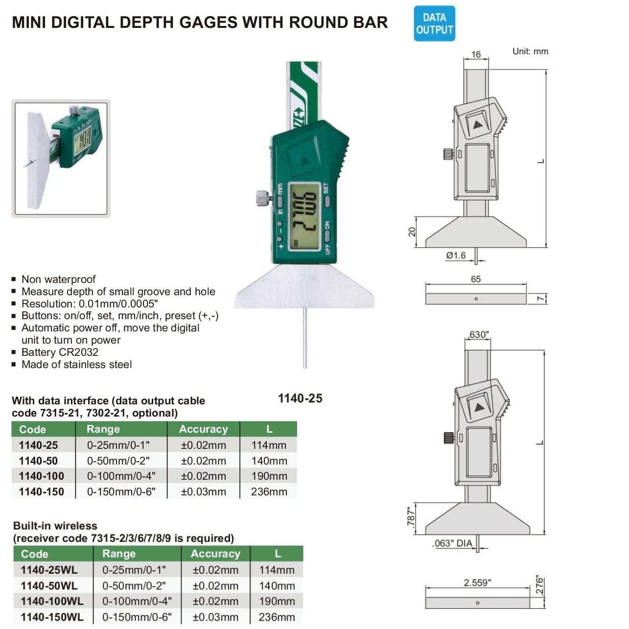 Insize Mini Digital Depth Gauge W/ Round Bar 140mm Range Series 1140-50-3